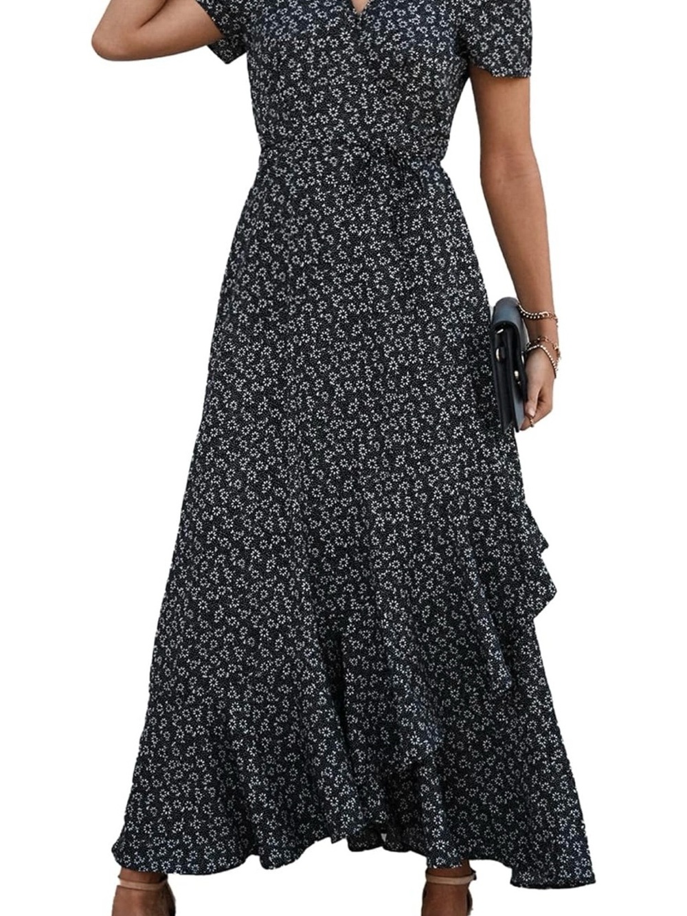 Navy Blue Floral Maxi Dress with Short Sleeves and Tie Waist